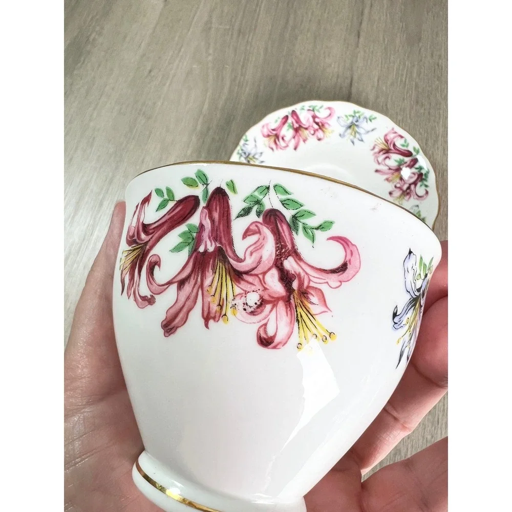 Colclough Bone China Tea Cup and Saucer Set Red Blue Lily Floral Made in England